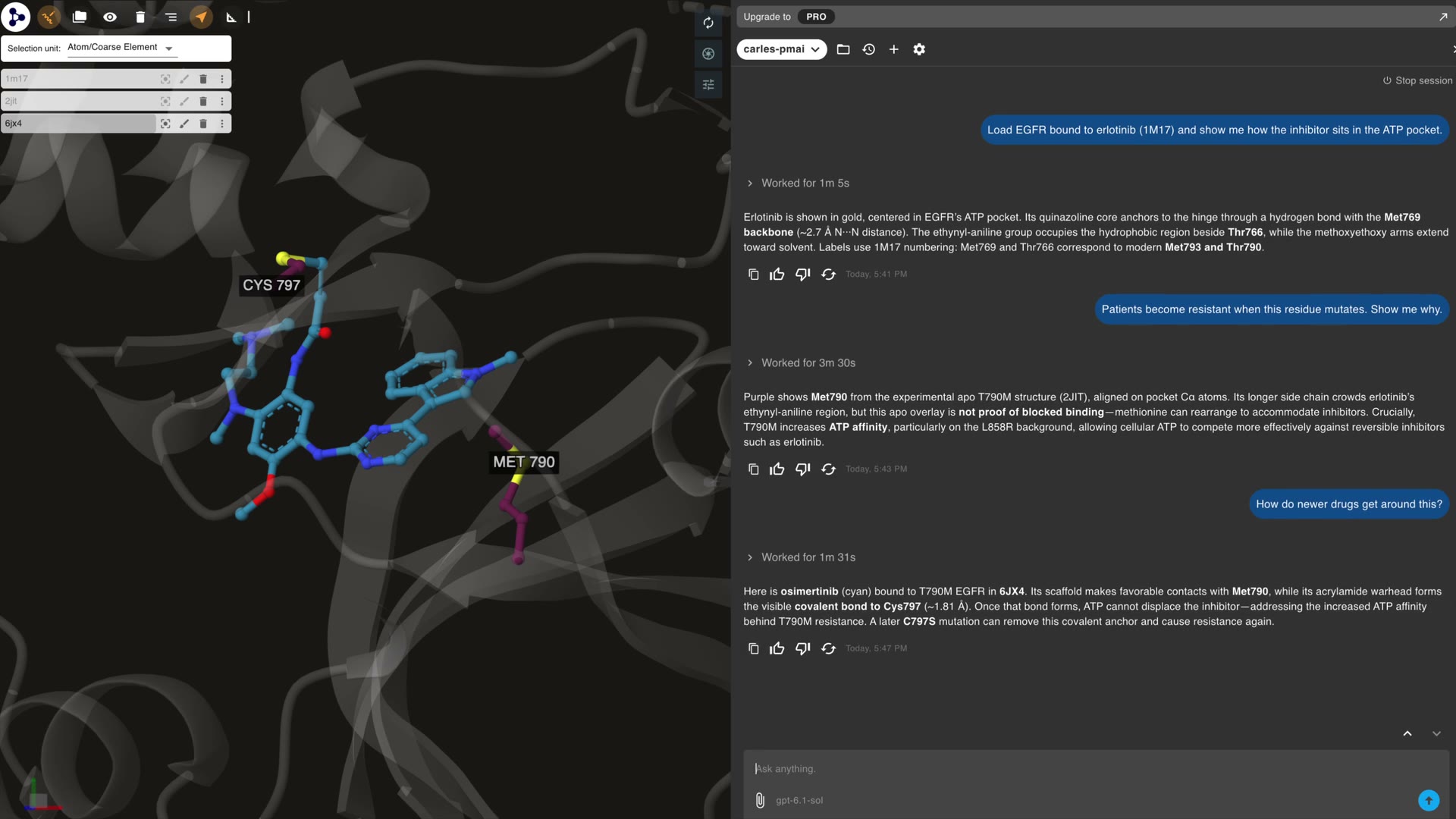 PlayMolecule AI workspace with an EGFR structure in the 3D molecular viewer and the co-scientist's analysis in the chat.